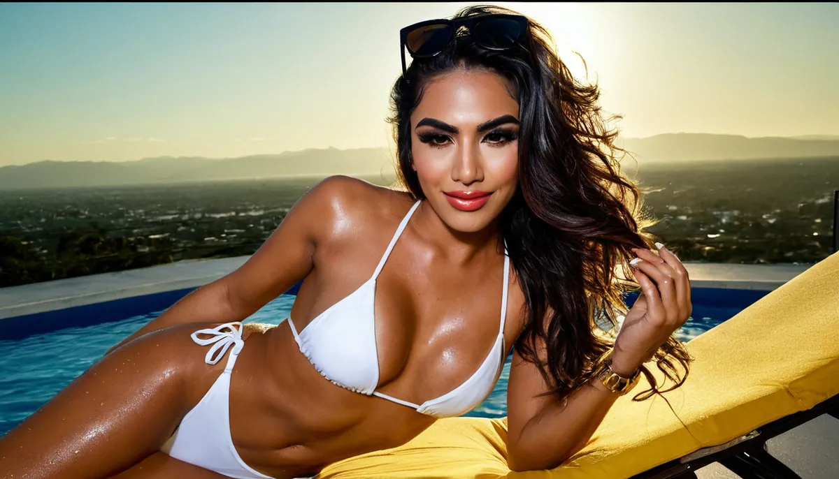 Woman with long dark wavy hair in a white bikini by a rooftop pool, AI-generated decorative image