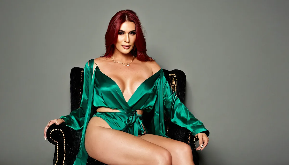Woman with long glossy auburn hair in emerald satin lingerie and a green robe on a black velvet armchair, AI-generated decorative image