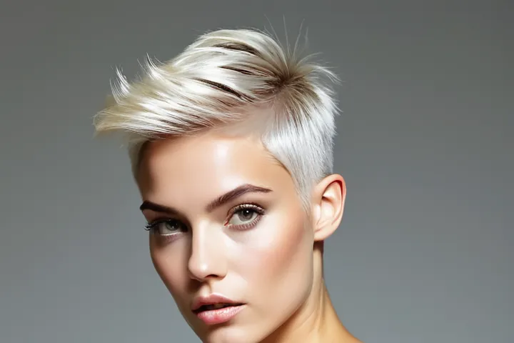 Woman with a platinum pixie cut in a black ribbed dress against a grey backdrop, decorative image